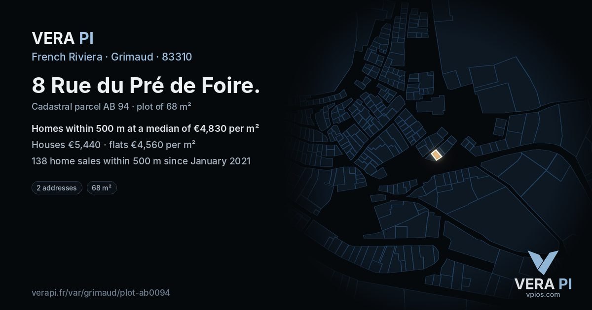 8 Rue du Pré de Foire, Grimaud at night – the plot lit, the parcels around coloured by the prices near them
