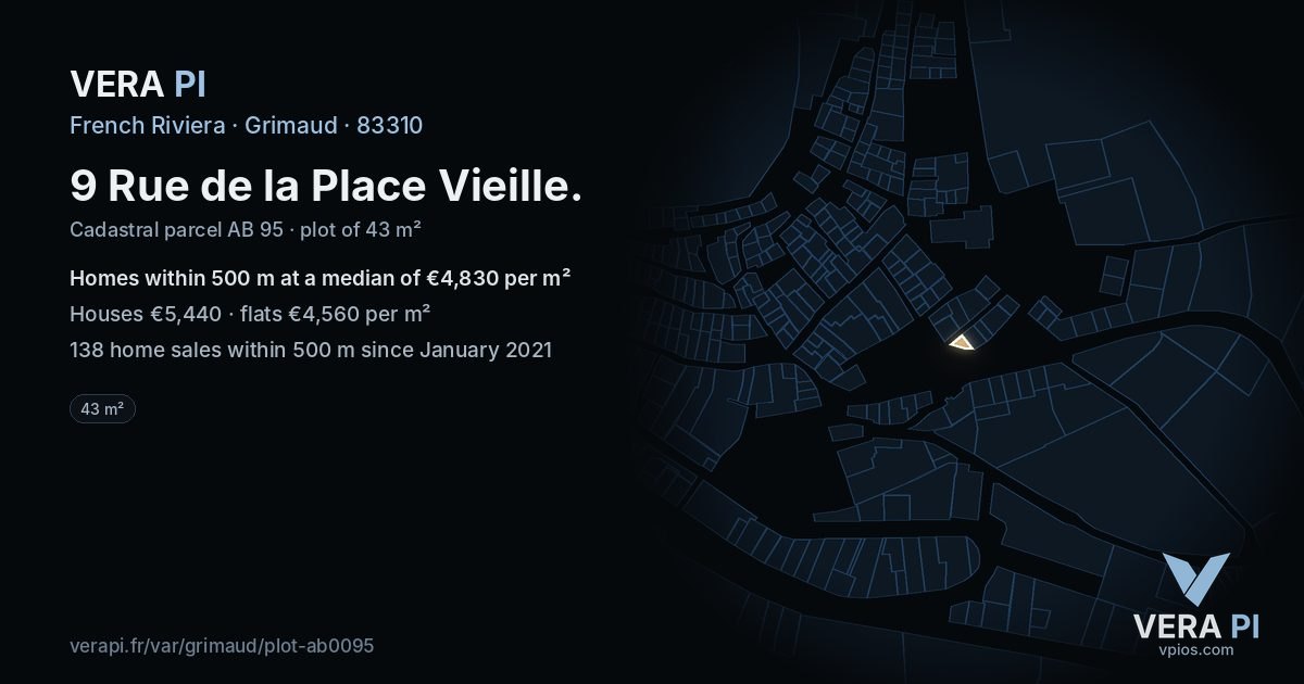 9 Rue de la Place Vieille, Grimaud at night – the plot lit, the parcels around coloured by the prices near them