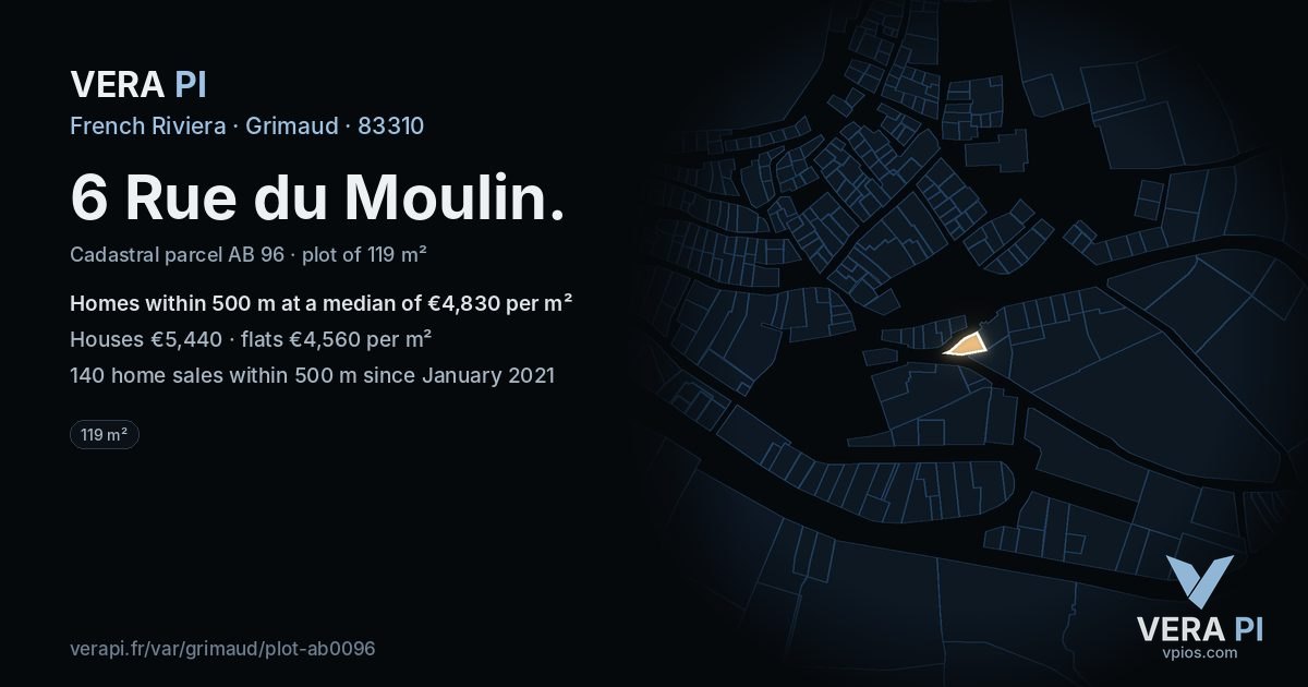 6 Rue du Moulin, Grimaud at night – the plot lit, the parcels around coloured by the prices near them