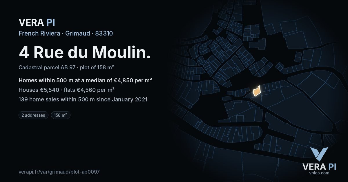 4 Rue du Moulin, Grimaud at night – the plot lit, the parcels around coloured by the prices near them