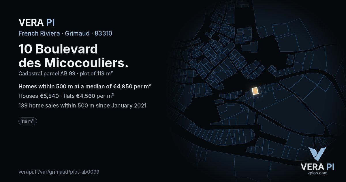 10 Boulevard des Micocouliers, Grimaud at night – the plot lit, the parcels around coloured by the prices near them