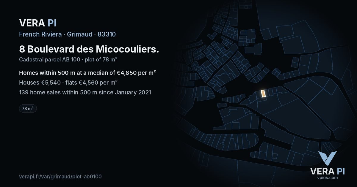 8 Boulevard des Micocouliers, Grimaud at night – the plot lit, the parcels around coloured by the prices near them