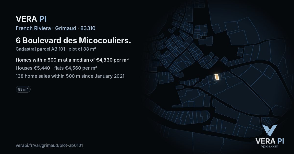 6 Boulevard des Micocouliers, Grimaud at night – the plot lit, the parcels around coloured by the prices near them
