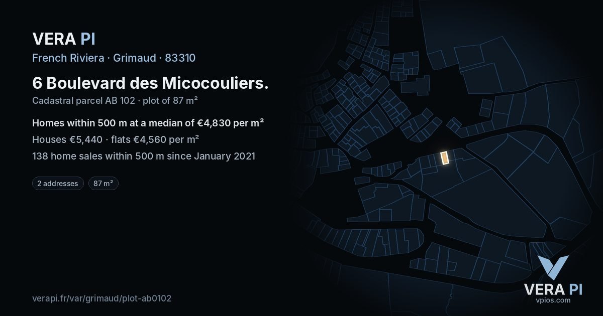 6 Boulevard des Micocouliers, Grimaud at night – the plot lit, the parcels around coloured by the prices near them