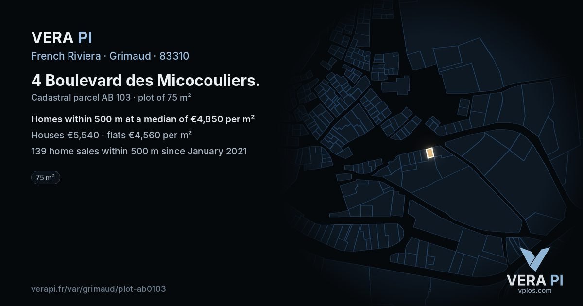 4 Boulevard des Micocouliers, Grimaud at night – the plot lit, the parcels around coloured by the prices near them