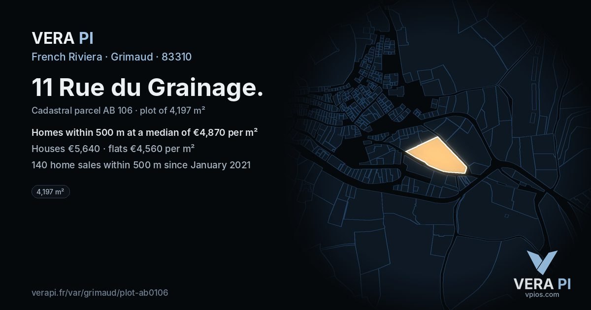 11 Rue du Grainage, Grimaud at night – the plot lit, the parcels around coloured by the prices near them