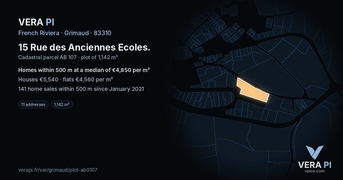 15 Rue des Anciennes Ecoles, Grimaud at night – the plot lit, the parcels around coloured by the prices near them