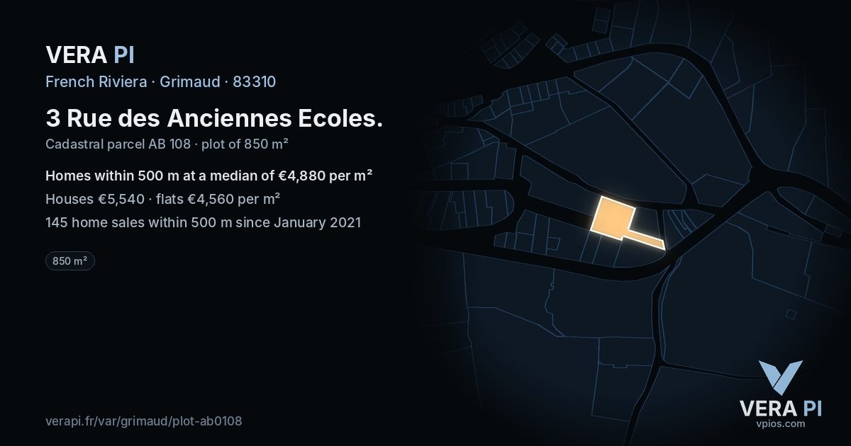 3 Rue des Anciennes Ecoles, Grimaud at night – the plot lit, the parcels around coloured by the prices near them