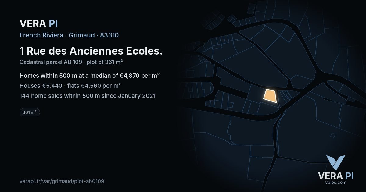 1 Rue des Anciennes Ecoles, Grimaud at night – the plot lit, the parcels around coloured by the prices near them