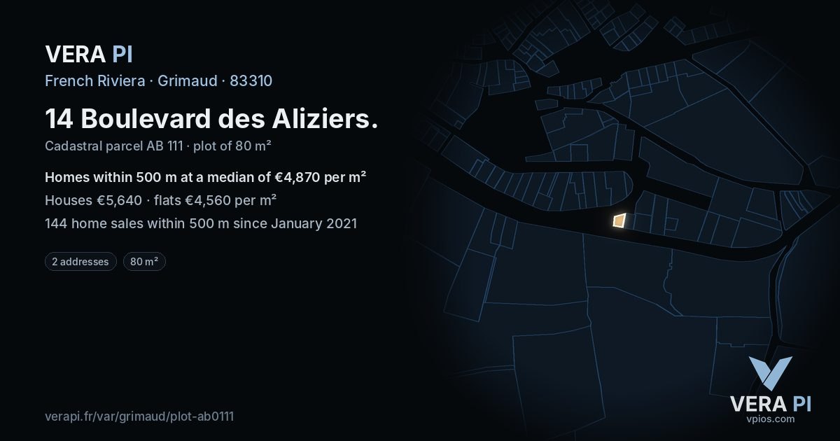 14 Boulevard des Aliziers, Grimaud at night – the plot lit, the parcels around coloured by the prices near them