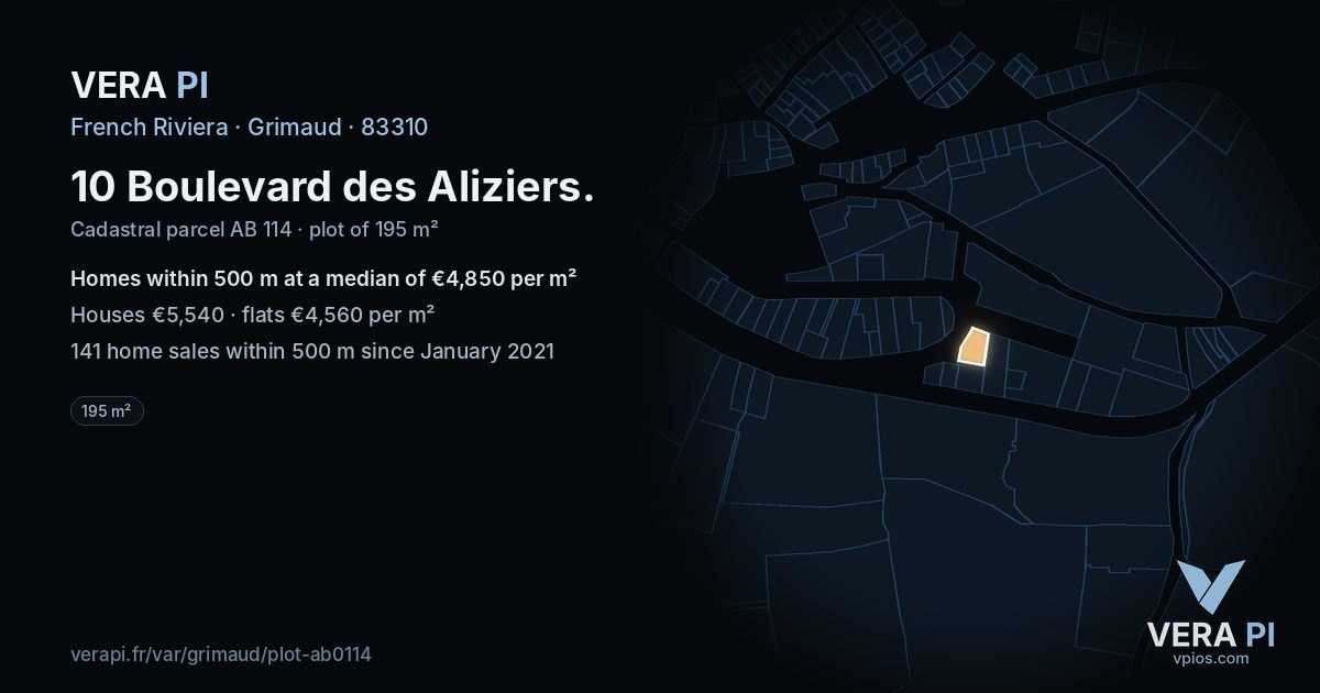 10 Boulevard des Aliziers, Grimaud at night – the plot lit, the parcels around coloured by the prices near them
