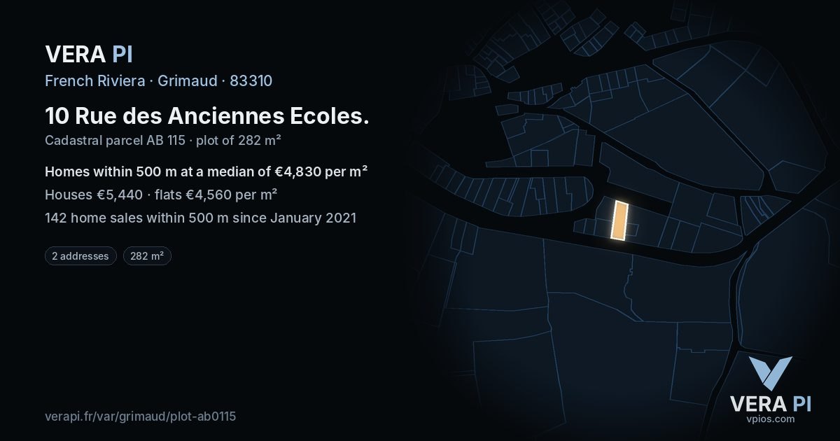 10 Rue des Anciennes Ecoles, Grimaud at night – the plot lit, the parcels around coloured by the prices near them