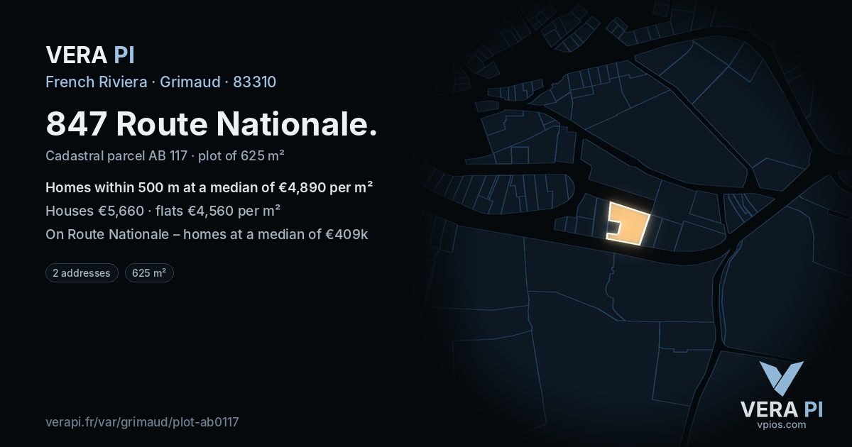 847 Route Nationale, Grimaud at night – the plot lit, the parcels around coloured by the prices near them