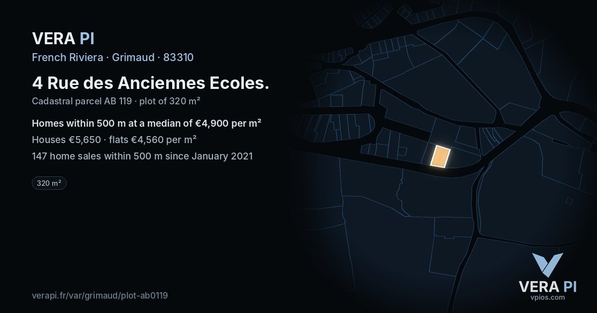 4 Rue des Anciennes Ecoles, Grimaud at night – the plot lit, the parcels around coloured by the prices near them