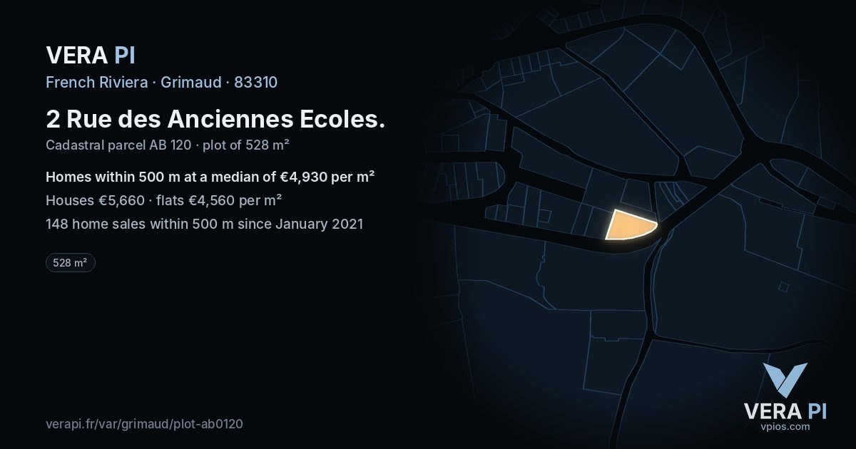 2 Rue des Anciennes Ecoles, Grimaud at night – the plot lit, the parcels around coloured by the prices near them