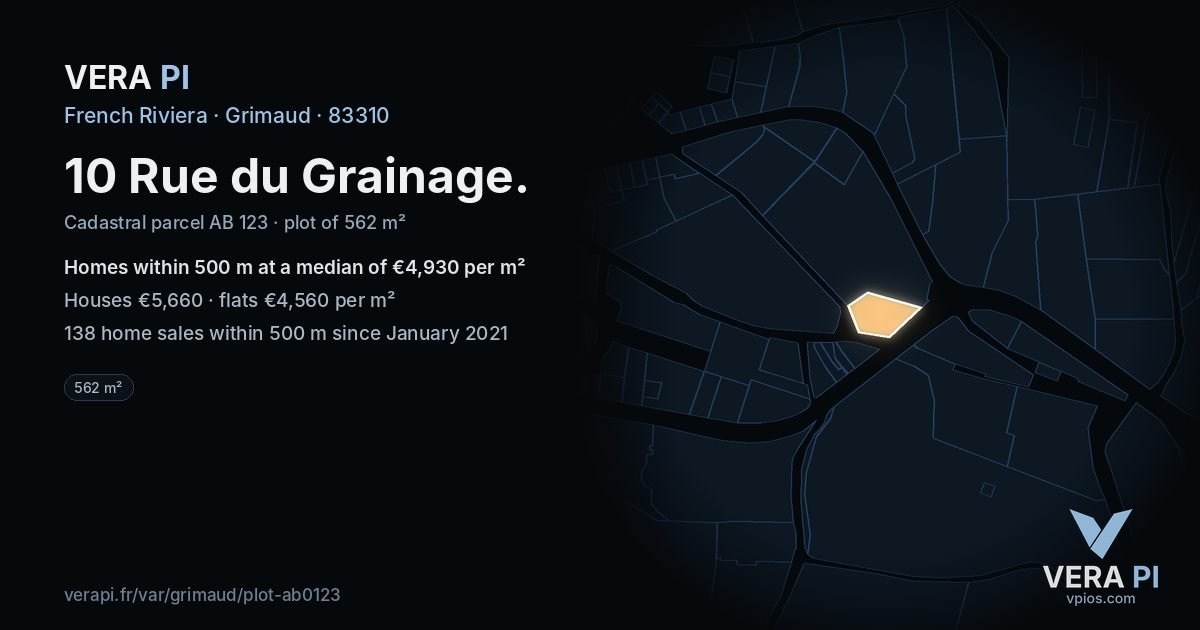 10 Rue du Grainage, Grimaud at night – the plot lit, the parcels around coloured by the prices near them