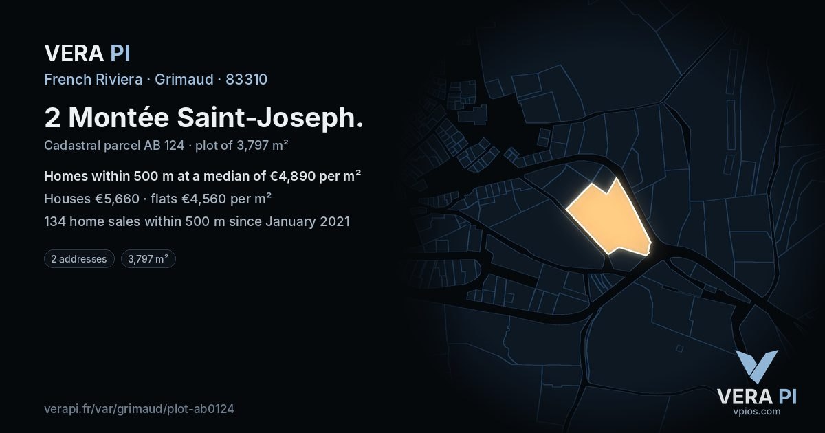 2 Montée Saint-Joseph, Grimaud at night – the plot lit, the parcels around coloured by the prices near them