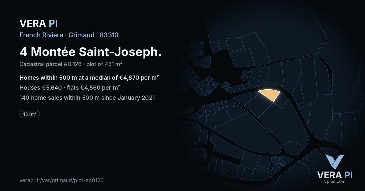 4 Montée Saint-Joseph, Grimaud at night – the plot lit, the parcels around coloured by the prices near them