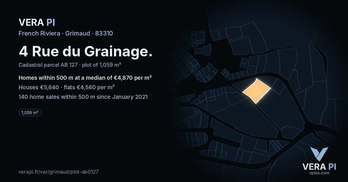 4 Rue du Grainage, Grimaud at night – the plot lit, the parcels around coloured by the prices near them