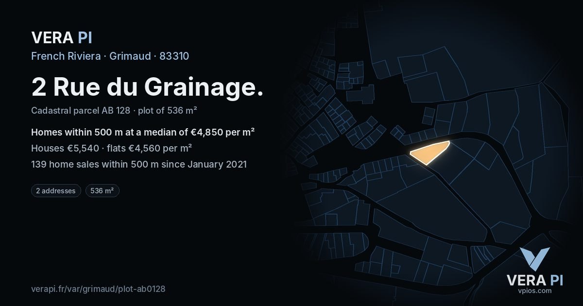 2 Rue du Grainage, Grimaud at night – the plot lit, the parcels around coloured by the prices near them