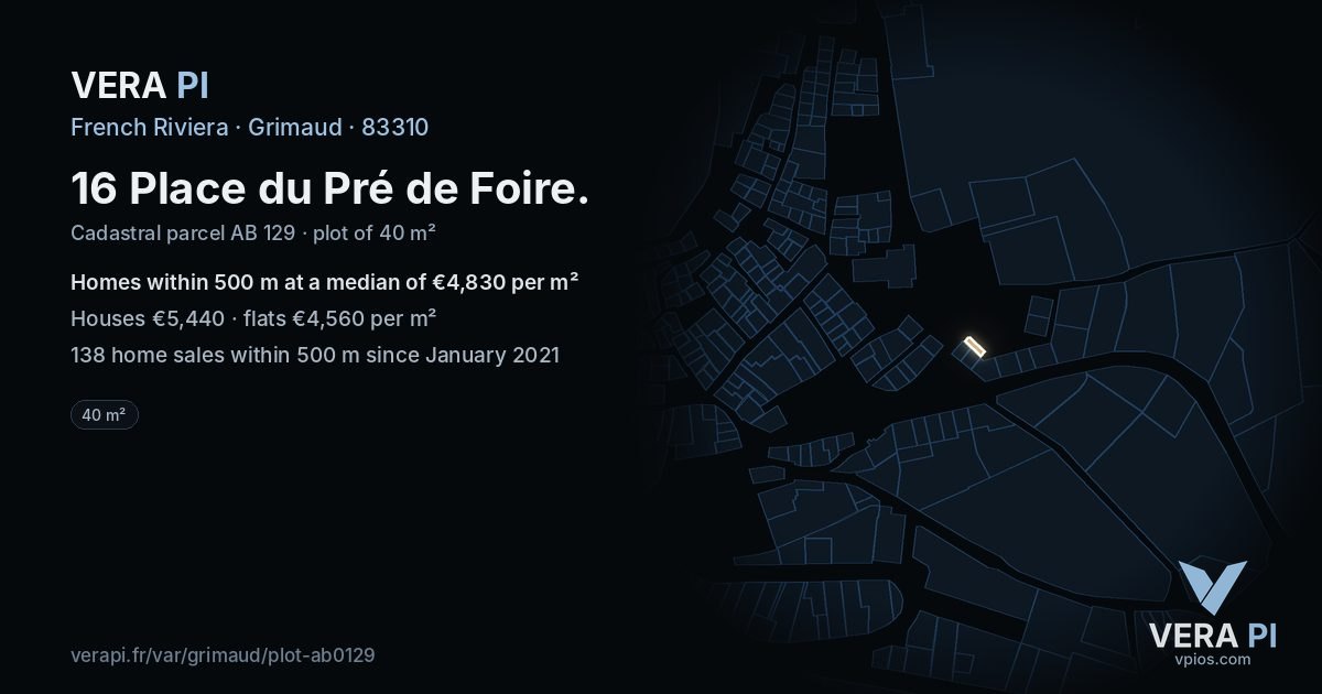 16 Place du Pré de Foire, Grimaud at night – the plot lit, the parcels around coloured by the prices near them