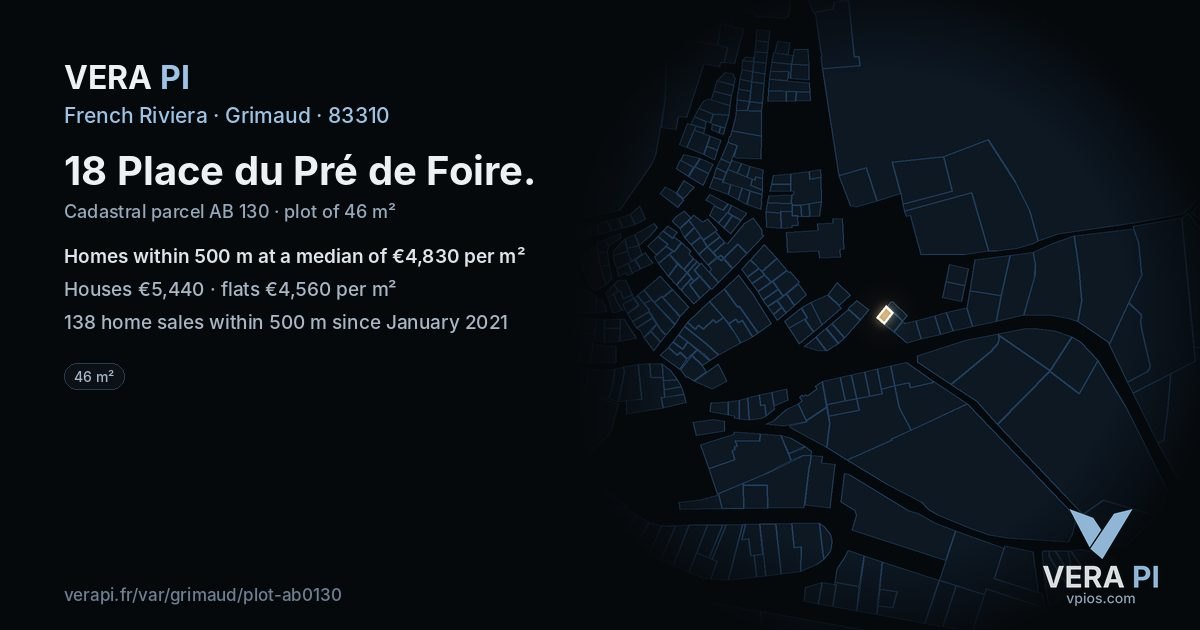 18 Place du Pré de Foire, Grimaud at night – the plot lit, the parcels around coloured by the prices near them