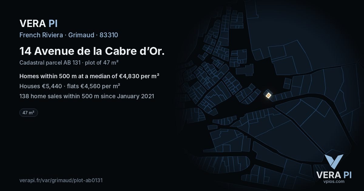 14 Avenue de la Cabre d’Or, Grimaud at night – the plot lit, the parcels around coloured by the prices near them