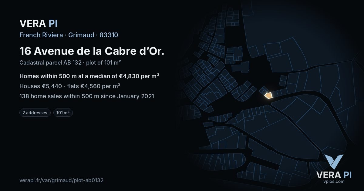 16 Avenue de la Cabre d’Or, Grimaud at night – the plot lit, the parcels around coloured by the prices near them