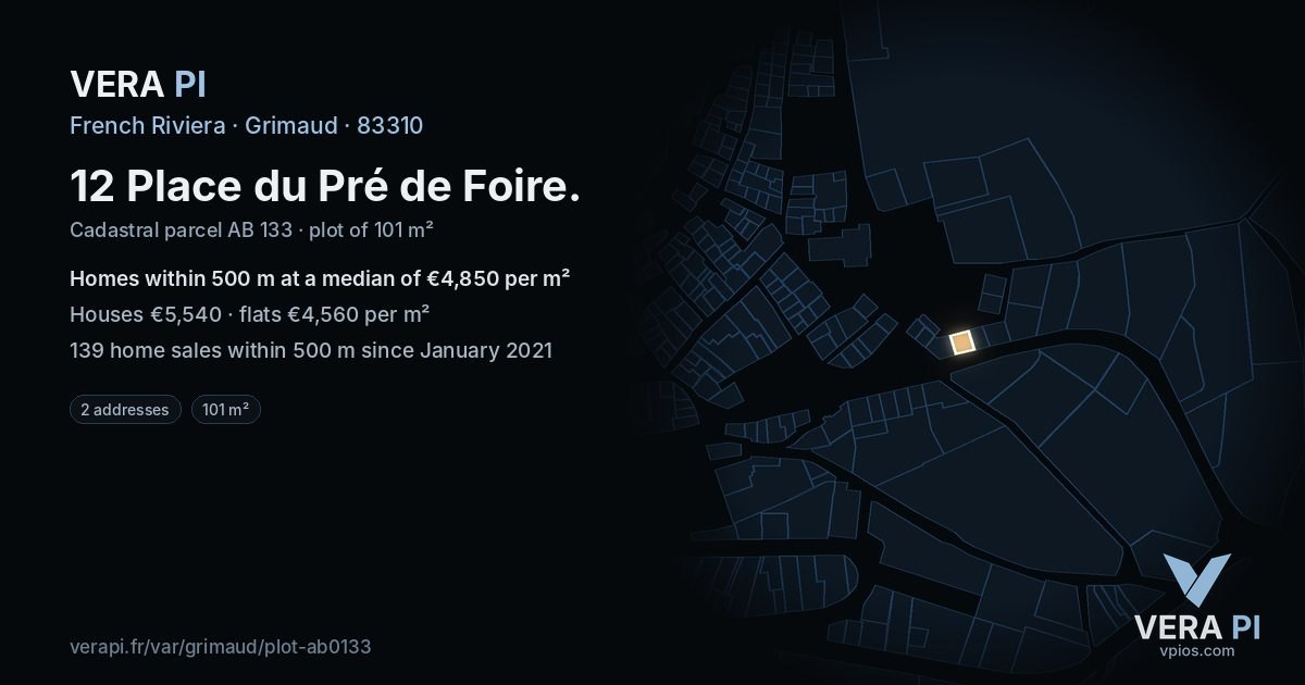 12 Place du Pré de Foire, Grimaud at night – the plot lit, the parcels around coloured by the prices near them