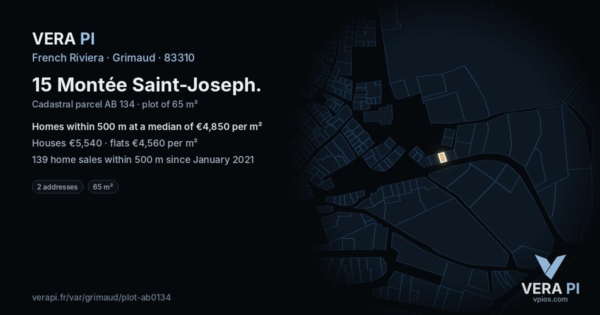 15 Montée Saint-Joseph, Grimaud at night – the plot lit, the parcels around coloured by the prices near them