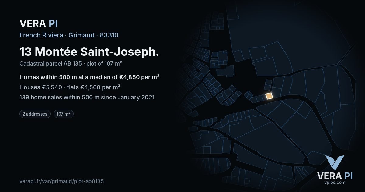 13 Montée Saint-Joseph, Grimaud at night – the plot lit, the parcels around coloured by the prices near them