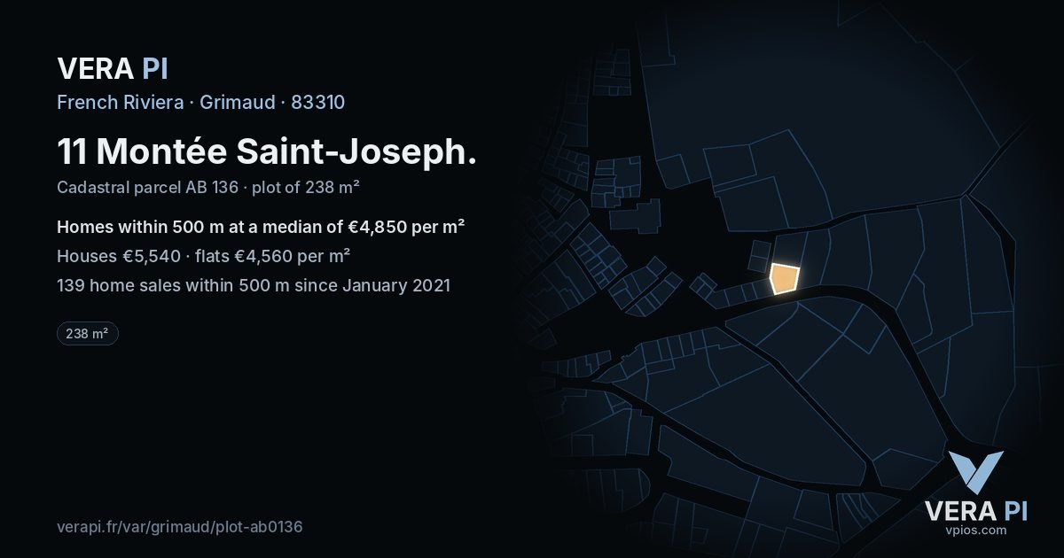 11 Montée Saint-Joseph, Grimaud at night – the plot lit, the parcels around coloured by the prices near them