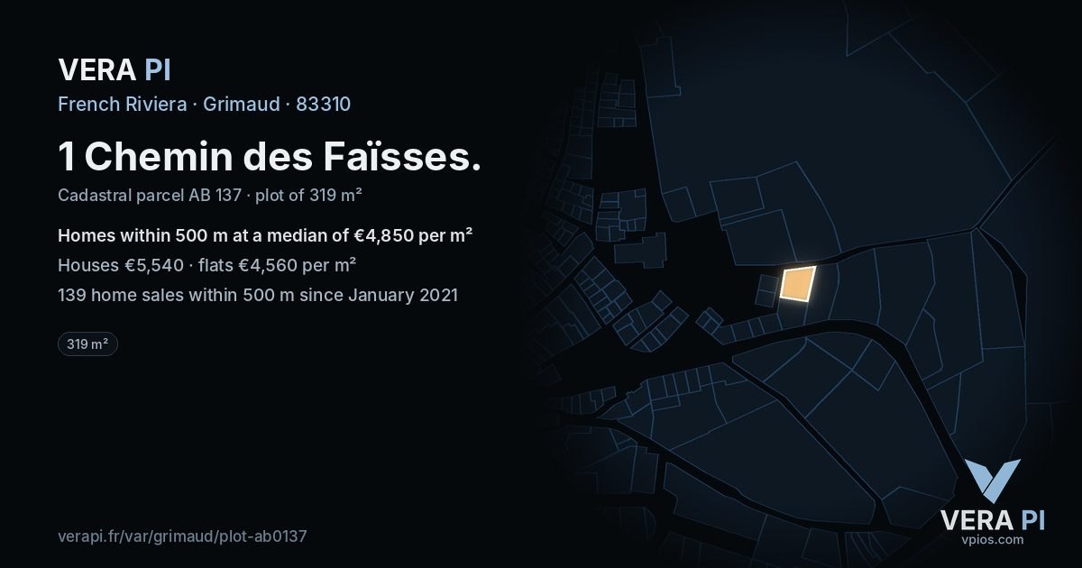 1 Chemin des Faïsses, Grimaud at night – the plot lit, the parcels around coloured by the prices near them