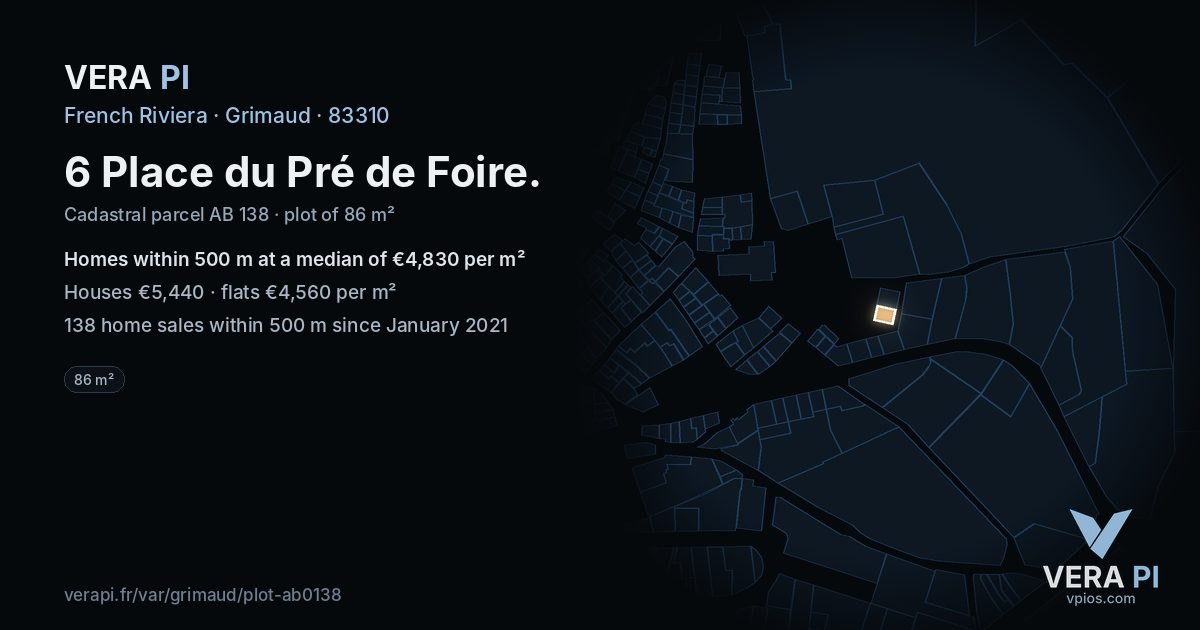 6 Place du Pré de Foire, Grimaud at night – the plot lit, the parcels around coloured by the prices near them