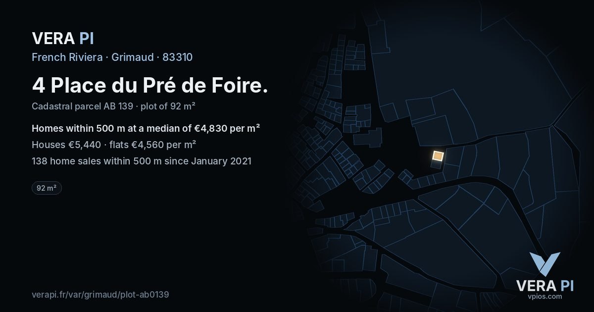 4 Place du Pré de Foire, Grimaud at night – the plot lit, the parcels around coloured by the prices near them