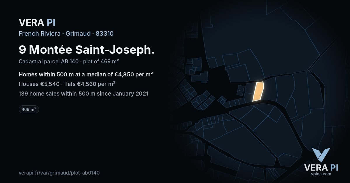 9 Montée Saint-Joseph, Grimaud at night – the plot lit, the parcels around coloured by the prices near them
