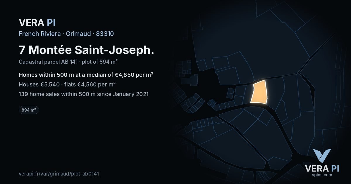 7 Montée Saint-Joseph, Grimaud at night – the plot lit, the parcels around coloured by the prices near them