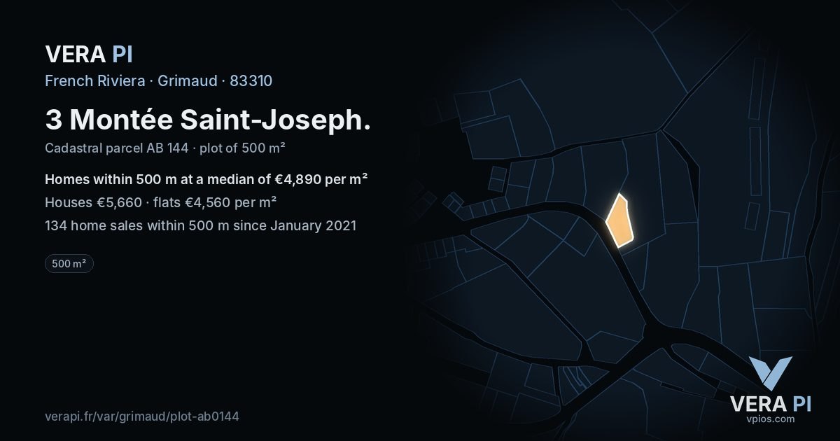 3 Montée Saint-Joseph, Grimaud at night – the plot lit, the parcels around coloured by the prices near them