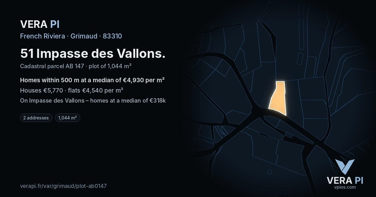 51 Impasse des Vallons, Grimaud at night – the plot lit, the parcels around coloured by the prices near them