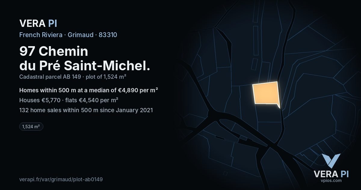 97 Chemin du Pré Saint-Michel, Grimaud at night – the plot lit, the parcels around coloured by the prices near them