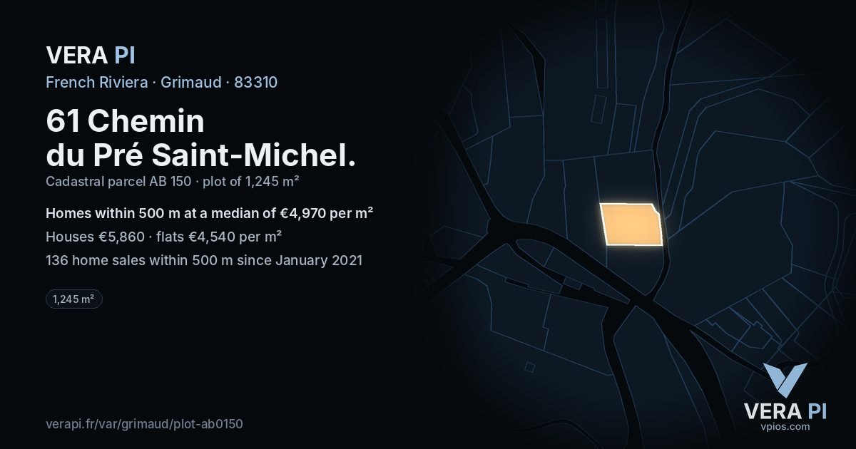 61 Chemin du Pré Saint-Michel, Grimaud at night – the plot lit, the parcels around coloured by the prices near them