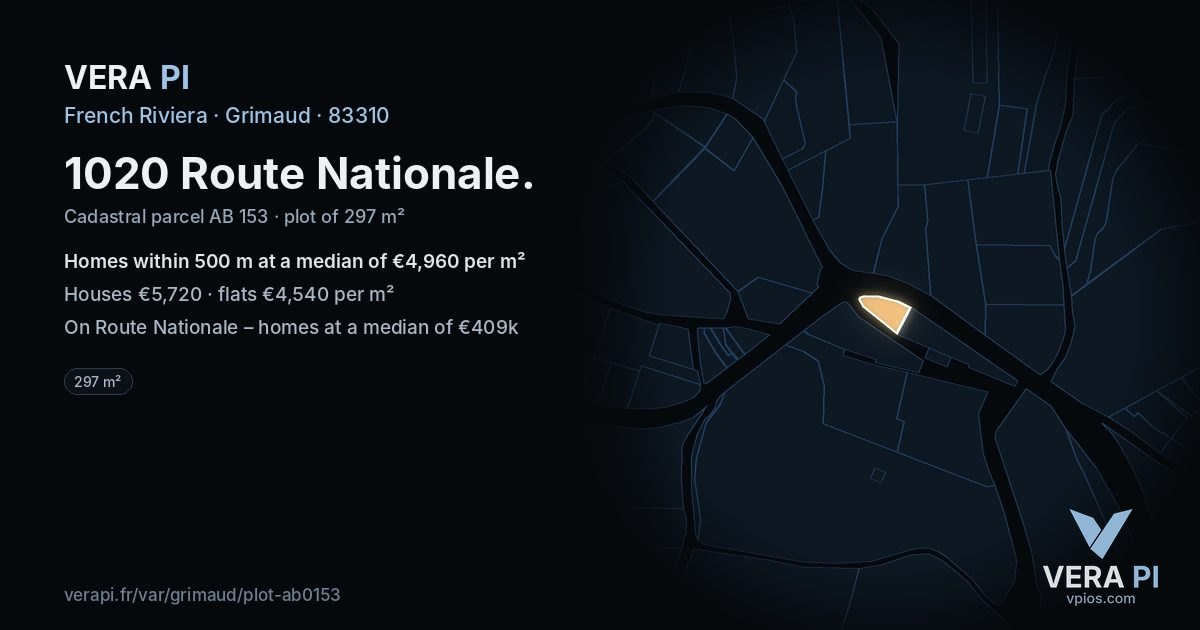 1020 Route Nationale, Grimaud at night – the plot lit, the parcels around coloured by the prices near them