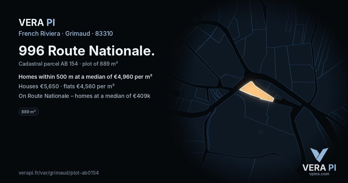 996 Route Nationale, Grimaud at night – the plot lit, the parcels around coloured by the prices near them