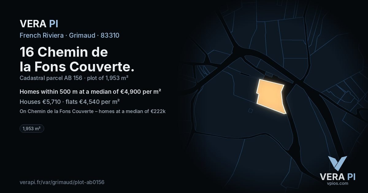 16 Chemin de la Fons Couverte, Grimaud at night – the plot lit, the parcels around coloured by the prices near them