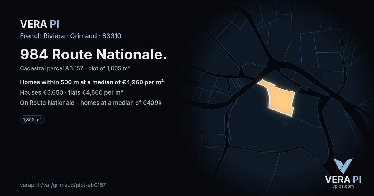 984 Route Nationale, Grimaud at night – the plot lit, the parcels around coloured by the prices near them
