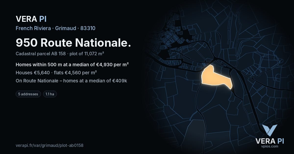 950 Route Nationale, Grimaud at night – the plot lit, the parcels around coloured by the prices near them