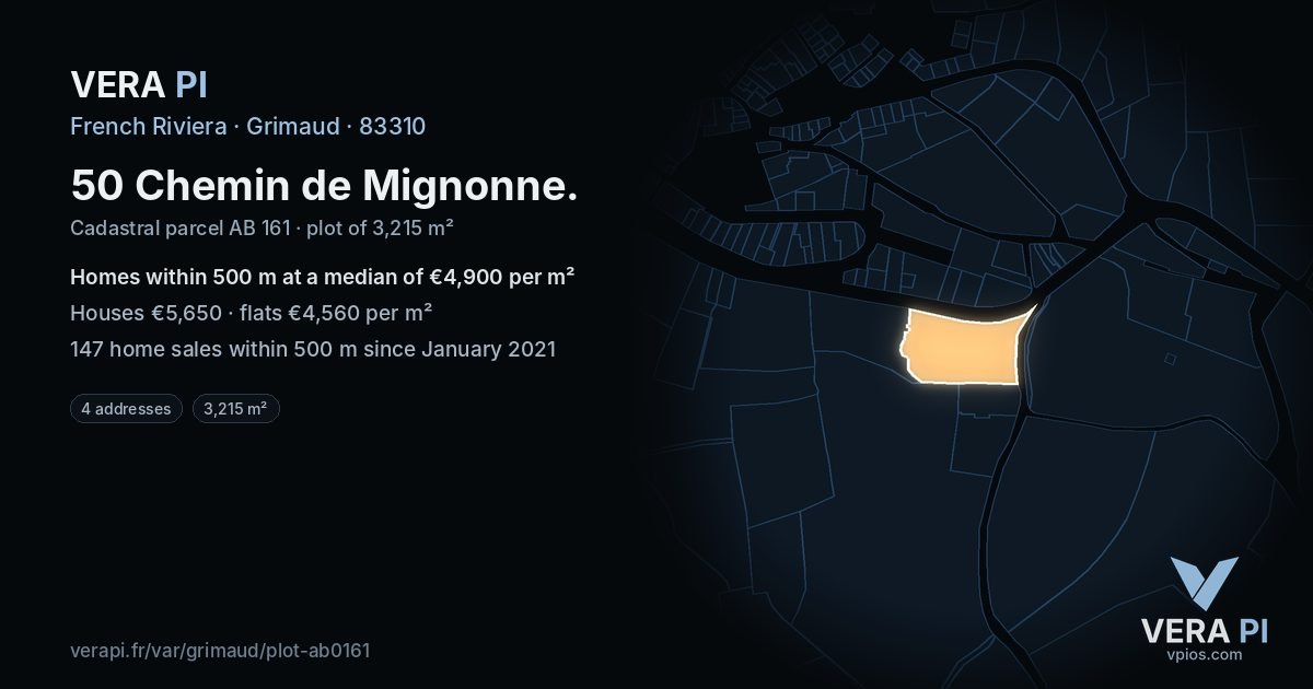 50 Chemin de Mignonne, Grimaud at night – the plot lit, the parcels around coloured by the prices near them
