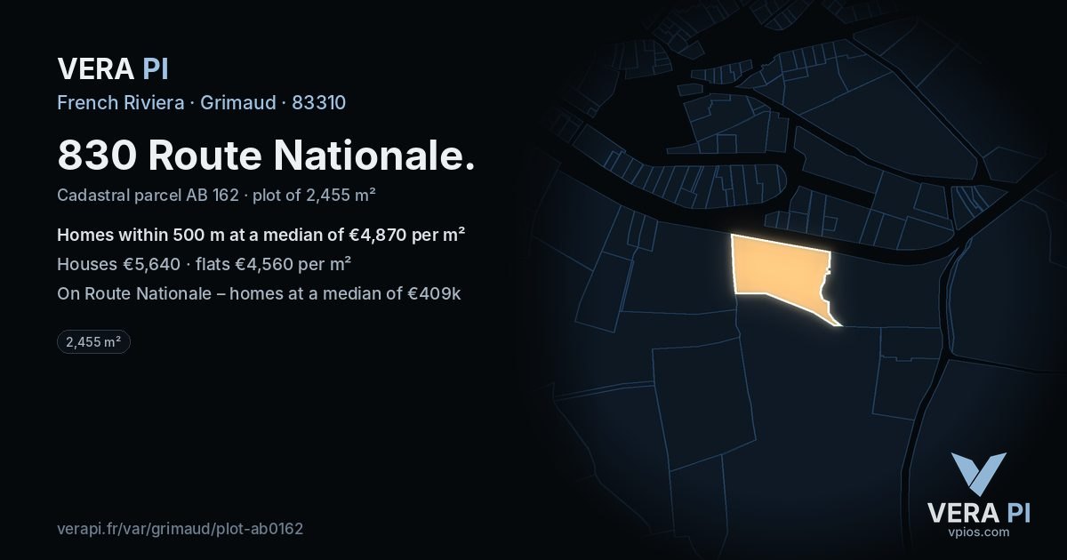 830 Route Nationale, Grimaud at night – the plot lit, the parcels around coloured by the prices near them