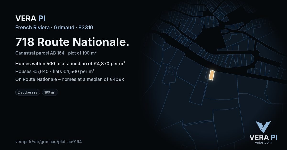 718 Route Nationale, Grimaud at night – the plot lit, the parcels around coloured by the prices near them