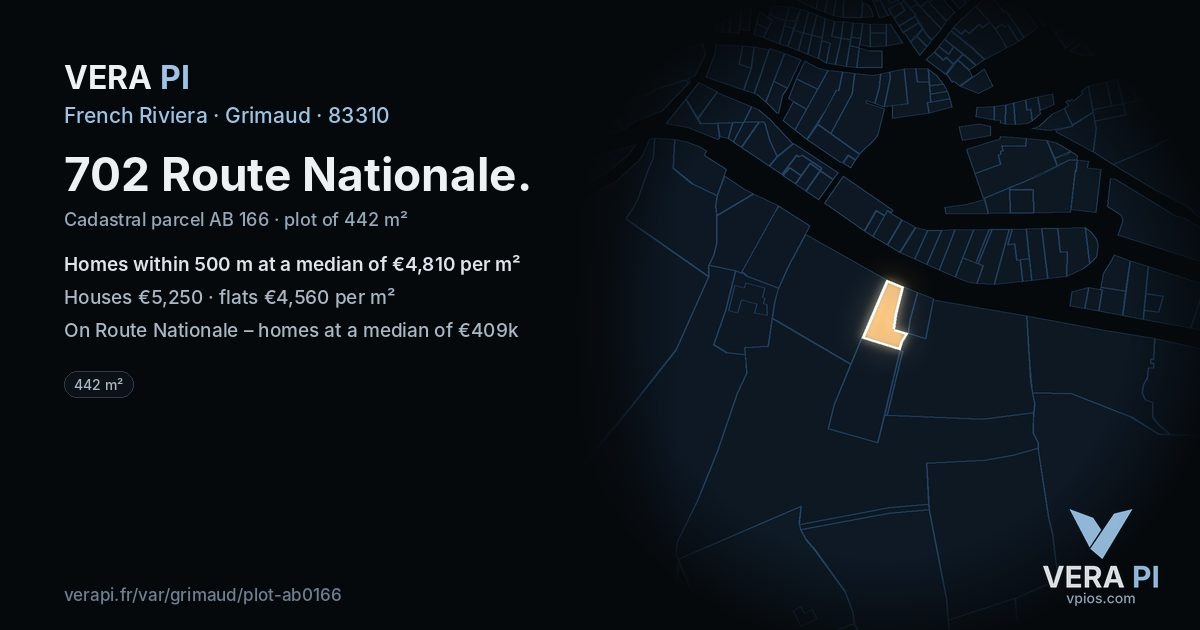 702 Route Nationale, Grimaud at night – the plot lit, the parcels around coloured by the prices near them